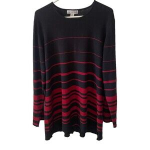 August Max Woman Pullover Sweater Plus 3X Black Red Striped Long Sleeved Round